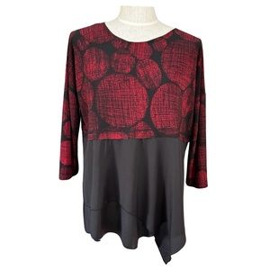 Sun‎ Kim Tunic Sz S Oversized Boxy Red Black Abstract Print Stretch Asymmetrical